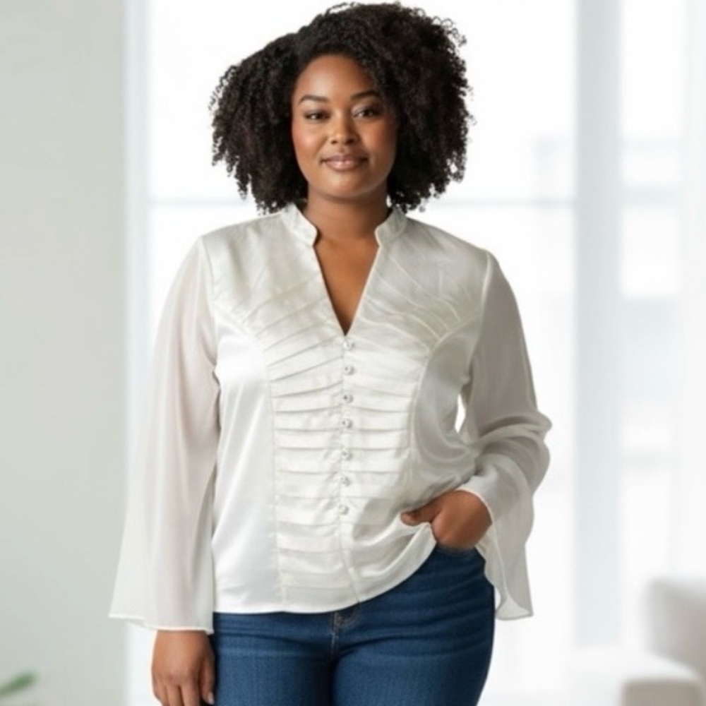 JR Nites Ivory Holiday Blouse 12‎ NWT  Sheer Romantic Tuxedo